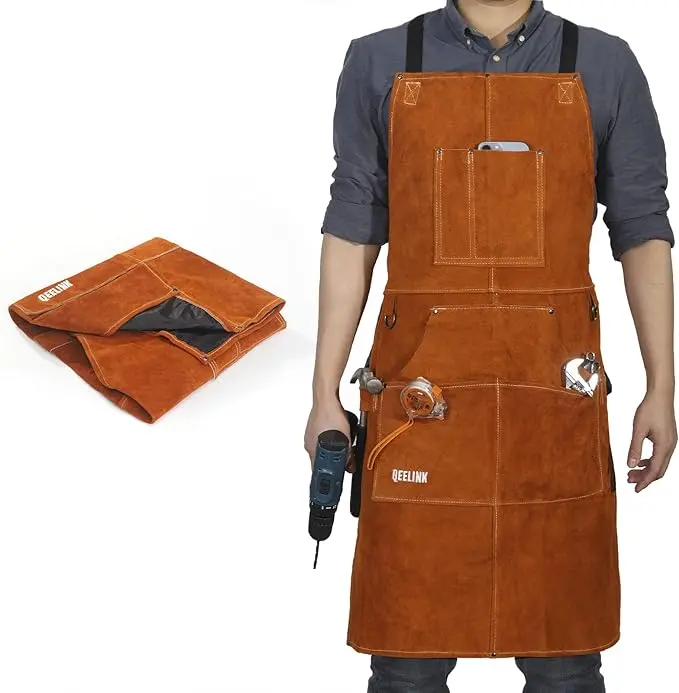 Leather Woodwork Apron,  Heavy Duty Leather Apron with 6 Tool Pockets, Adjustable M to XXL Hand Retro 0