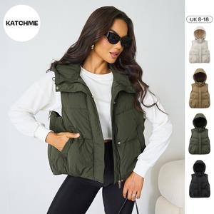 KatchMe Women's Street Solid Color Hooded Zip-Up Thermal Vest,Casual Sleeveless Outerwear for Women,Fall & Winter Side Pocket Vest for Lady Streetwear