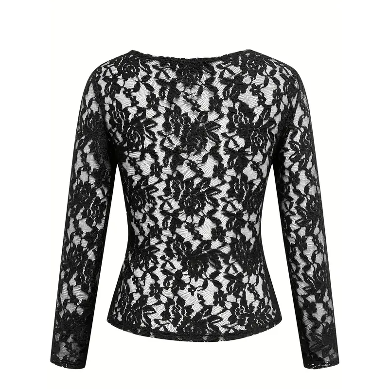 Sheer Lace V Neck T-Shirt, Stylish Long Sleeve Slim Top, Women's Clothing 3