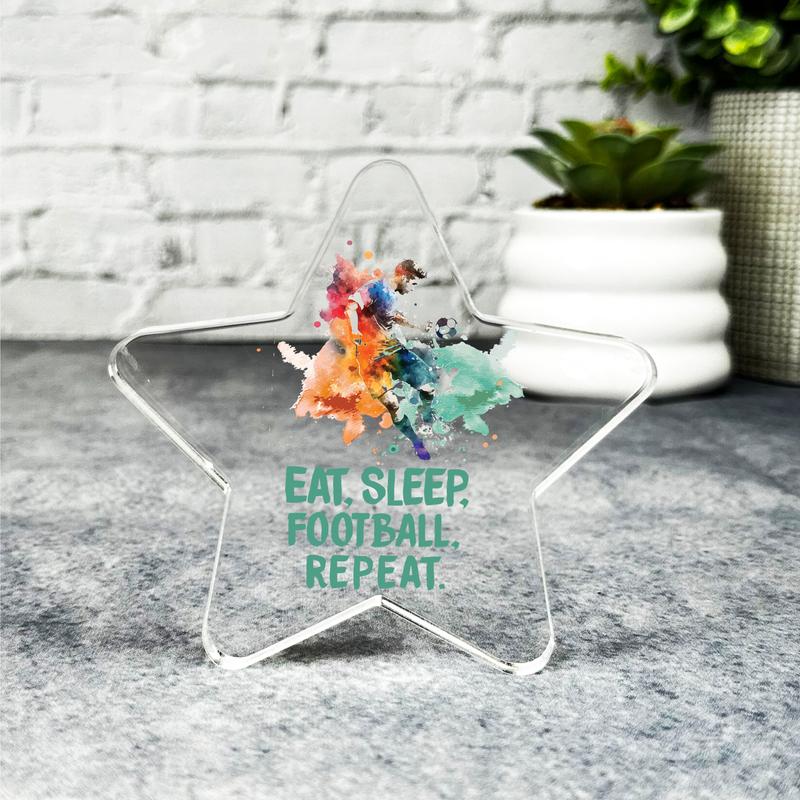 Gift For Football Fan Eat Sleep Football Repeat Green Star Award Keepsake Plaque | Acrylic Ornament Gift Birthday Present Keepsake Gift Custom Home Decor Gift, Small Trinket, Unique Present 1