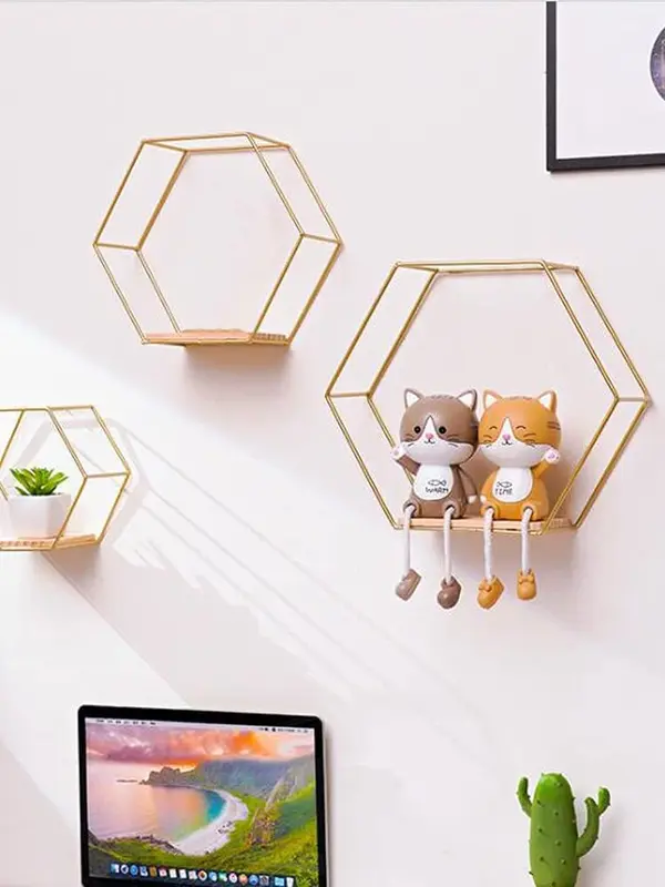 Set of 3 Metal Hanging Storage Shelves, Geometric Hexagon Shaped Wall Mounted Floating Shelves for Bedroom Bathroom Decor (Gold) 1