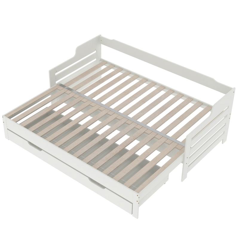 Single Bed Turns Into Double, Pull Out Sofa Bed Double with Trundle and Storage Drawer, Cabin Daybed for Living Room and Bedroom, 90 X190 CM - White (No Mattress) 3
