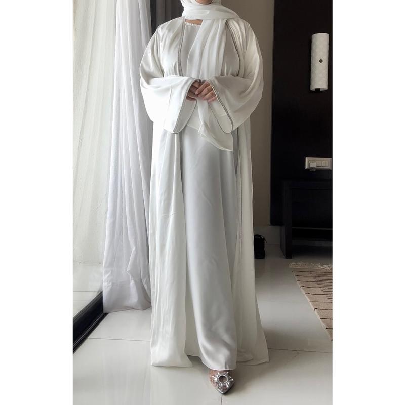 ELENA Abaya - White, 4pc Set with Silk Sleeve Open Jacket, Inner Short Sleeve Dress, Detachable Belt & Hijab 2