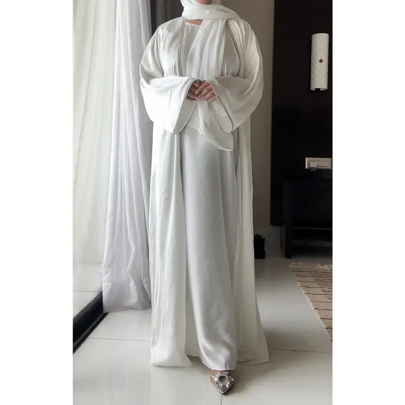 ELENA Abaya - White, 4pc Set with Silk Sleeve Open Jacket, Inner Short Sleeve Dress, Detachable Belt & Hijab 2