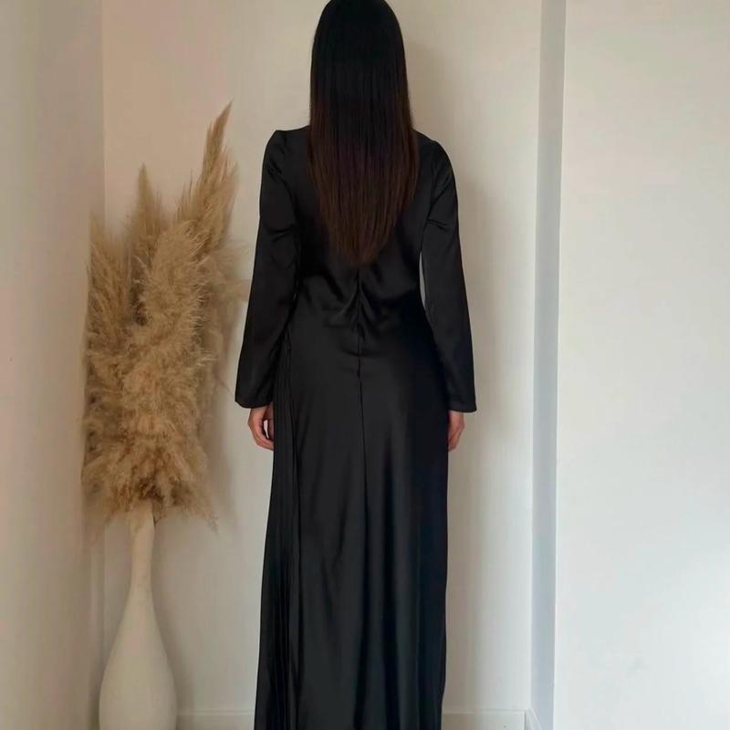 Women's Satin Dress with Pleated Design for Casual Wear - Womenswear Minimalist Maxi Comfort Long Sleeve party Christmas new years 4