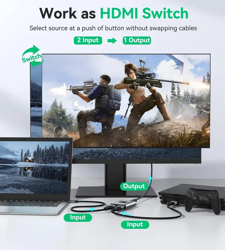 Splitter, 4K HDMI Switch 2 in 1 Out or 1 in 2 Out, Aluminum HDMI Switcher for TV/PC/Laptop/DVD/PS4/PS3/Xbox 360/Xbox One/TV Stick/Gaming box/Blu-Ray-Player/Projector (HDMI CABLE NOT INCLUDE) 4
