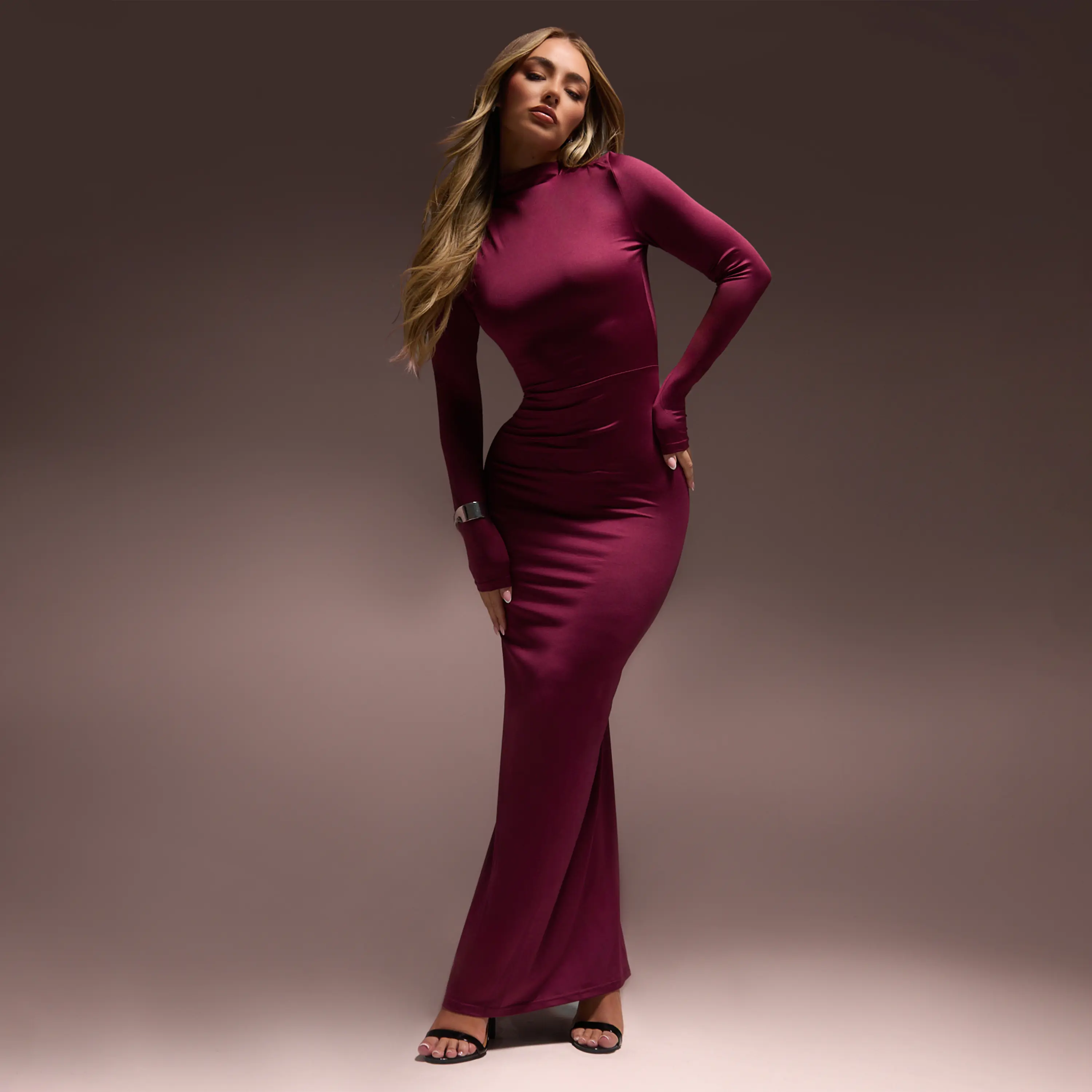 Ruched Back Long Sleeve Maxi Dress