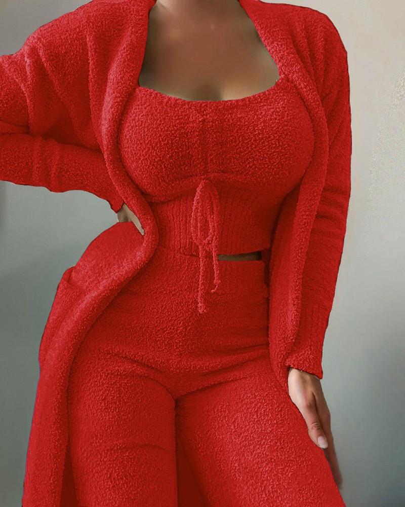 Product Introduction of 2025 Fashionable Women's Plush Three-Piece Lace-up Pajama Set Casual Suit Home Clothing 6