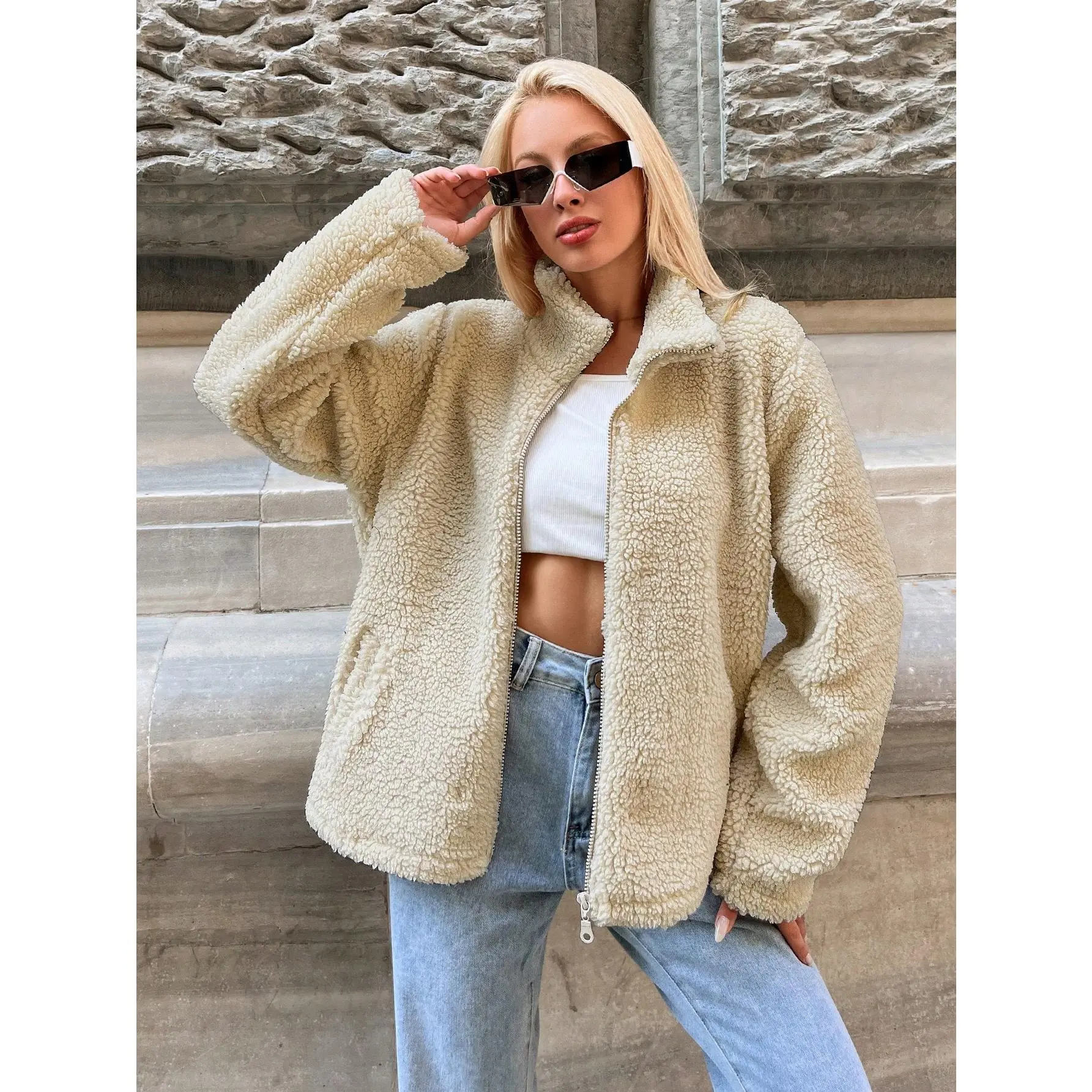 ​Women's TopsZip Up Drop Shoulder Teddy Coat,Ladies Spring/Fall Casual Pocket,Zipper Drop Shoulder Funnel Neck Regular Fit Beige Plain Women Coats,Casual Daily Wear[S20]Fabricspring coats cozy coats womens coats tops for women plain simple jackets & coats