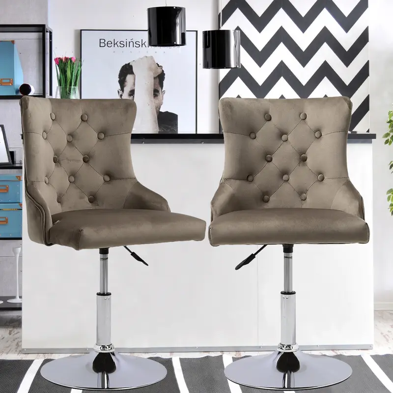 Livingandhome Modern Velvet Upholstered Adjustable Bar Stool with Polished Chrome Base 4