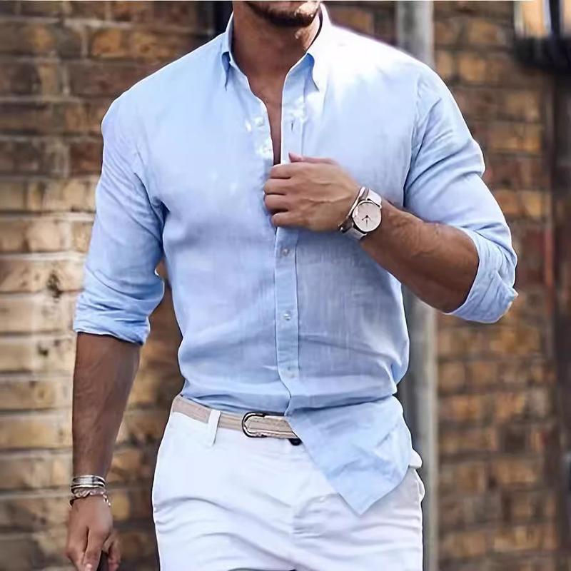 Cotton Linen Long Sleeve Shirt Solid Color Polo Collar Casual Style Shirt 0