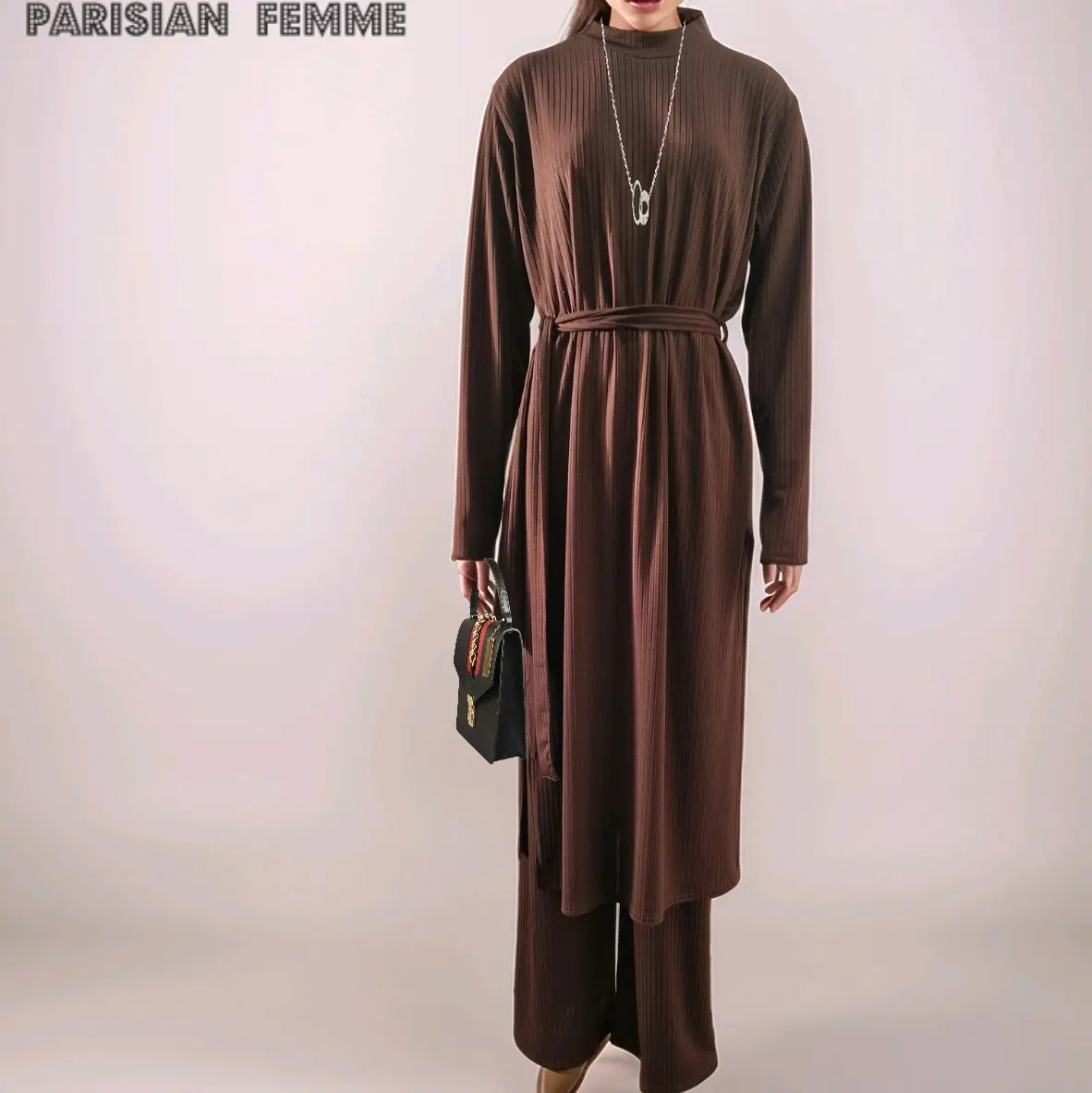 Womens Plain Two Piece Ribbed Set Split Hem Tee Belted Palazzo Trouser CoORD long sleeve Winter Set Lightweight Matching Womenswear