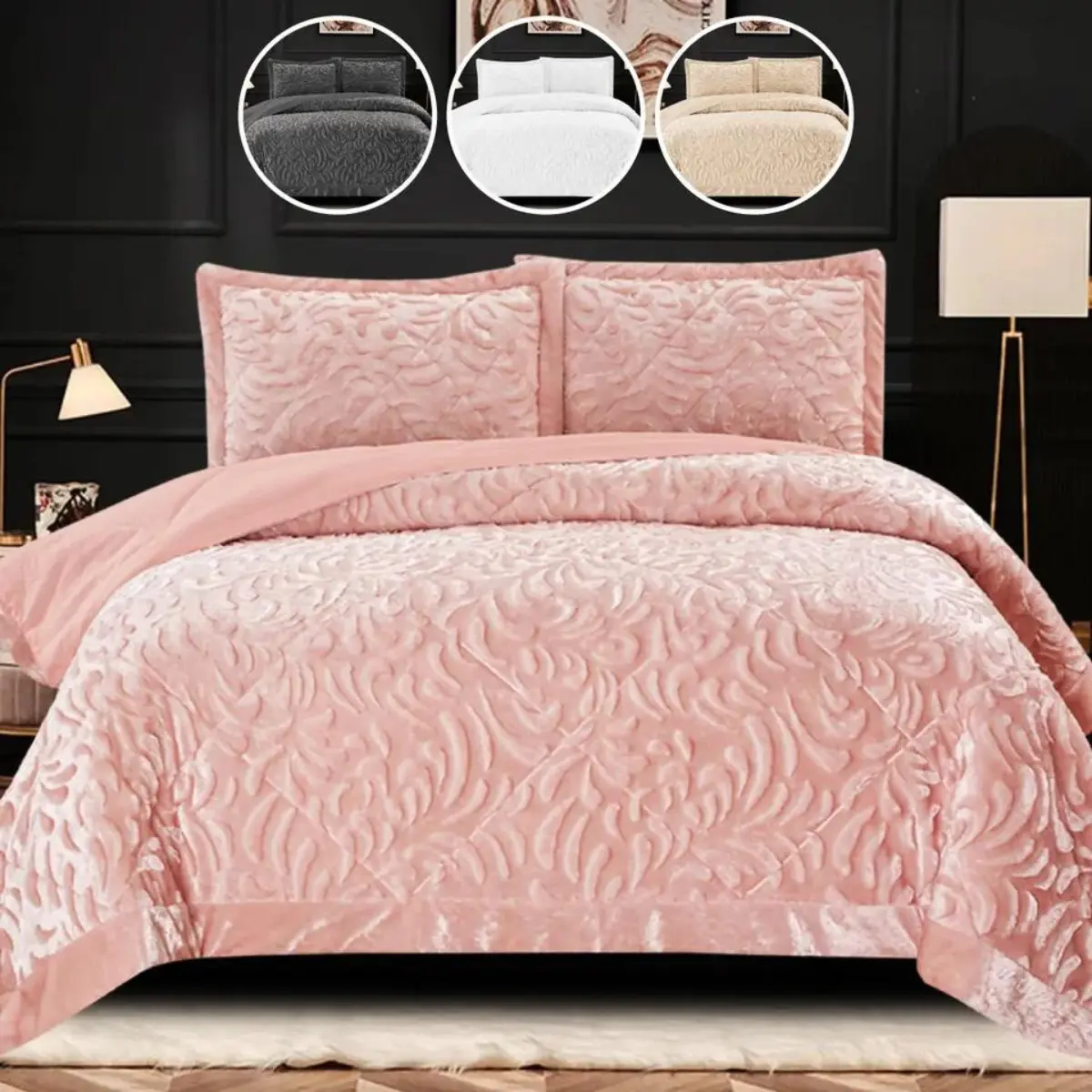 3 PCS Velvet Quilted Bedspread Throw & Pillow Shams Set - Double King Size