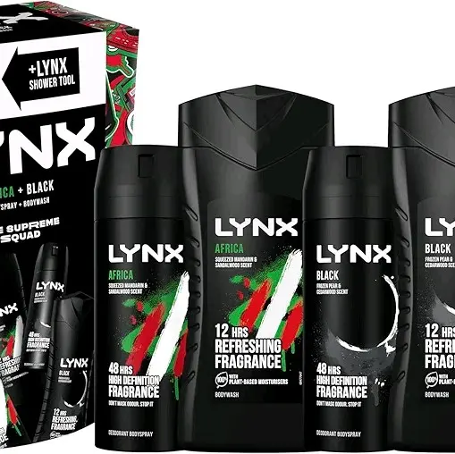 LYNX Africa & Black The Deodorant Gift Set Shower Tool, 2x Body Wash & 2x Body Spray - Perfect for His Daily Routine - 4 Piece - Cosmetic, Body Care Cleansing Fragrance 2