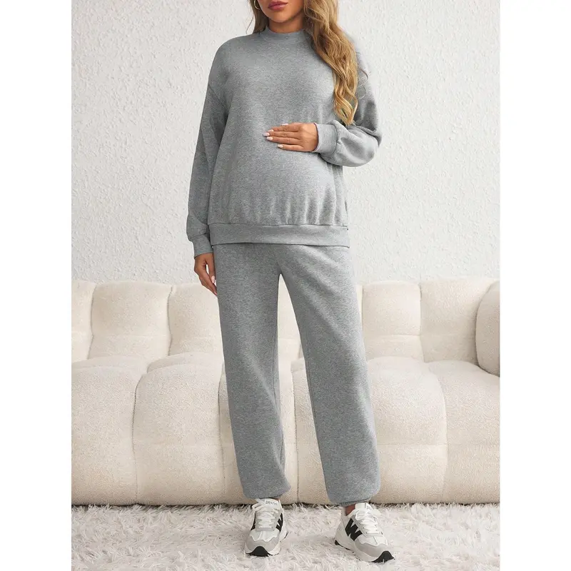 Maternity 2PCs set-long sleeve solid color sweatshirt & drawstring waist stretchy leggings, autumn/winter 5