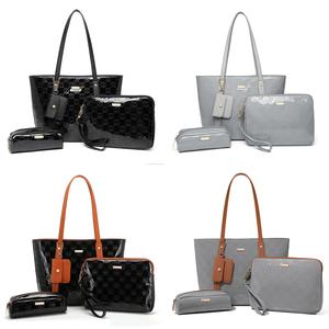 [MissLulu Bags] 4 Piece Glossy Leather Tote Handbag Set in 4 Colors