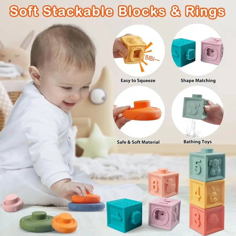Baby Toys, Montessori Toys for Babies | Food-Grade Silicone - Sensory - Stacking - Shape Sorter - Blocks Cube - Developmental Toys 3