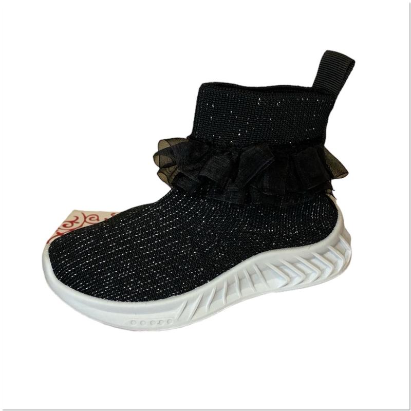 Junior Girls Black Ruffle Shimmer Sock Hard Sole Trainers - Size 11 To 2 6