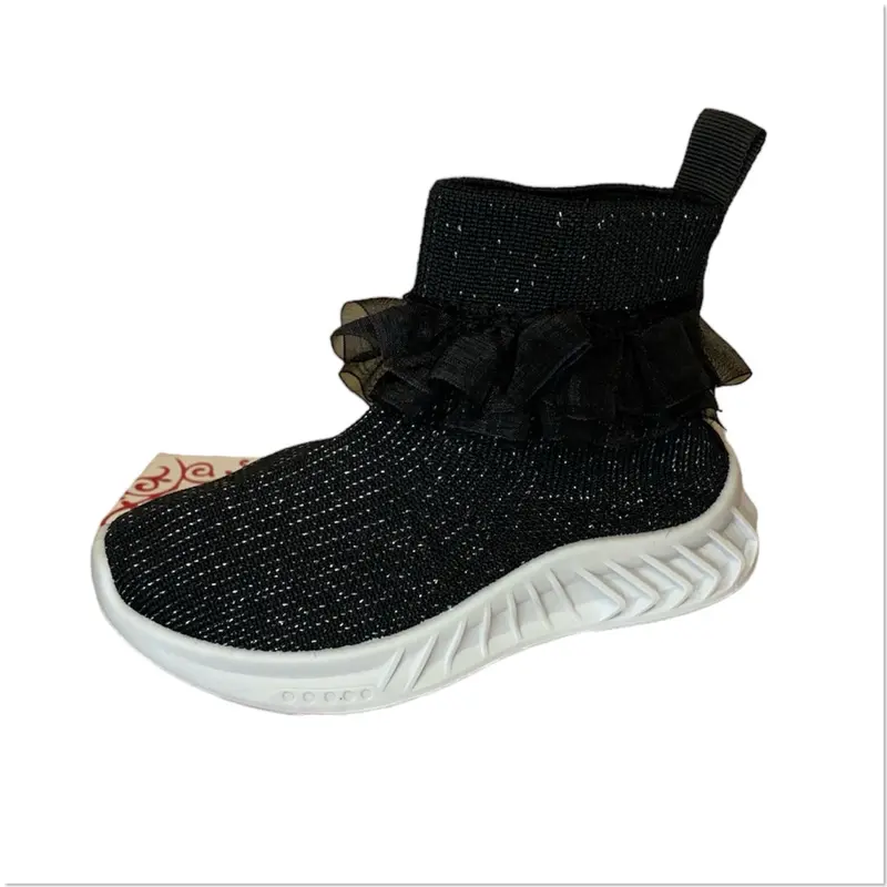 Junior Girls Black Ruffle Shimmer Sock Hard Sole Trainers - Size 11 To 2 6