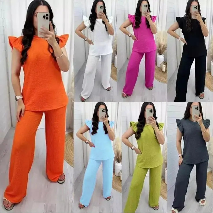 Women's Loungewear- Pop Corn Fabric Frill Short Sleeve Top and Palazo Trousers - UK Size 8-20 -Comfortable Set Womenswear