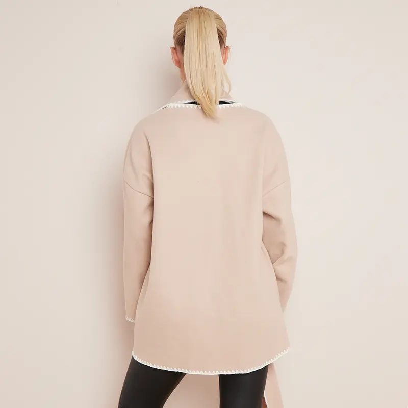 Women's Casual Tori Wool Like Contrast Trim Scollop Stitching Tailored Jacket Scarf Coat One Size UK 8 - 14 8