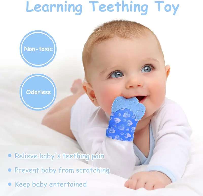 Baby Teething Set, 2 Pack Teething Mittens for Baby, Includes 2 Silicone Mitten Teether Glove, Teething Glove, Infant Soothing Pain Relief Mitt Baby Teether Mits for Baby（Blue） 5