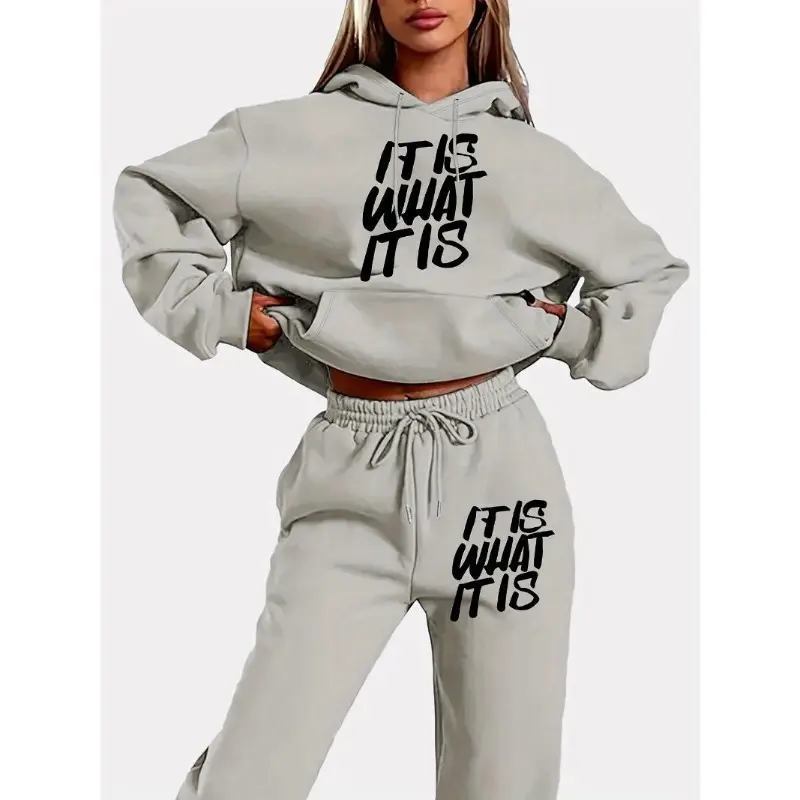 Women's Hooded Tracksuit Set with Geometric Letter Print, Casual Style, 100% Polyester Knit Fabric, Fall/Winter Long Sleeve Sweater and Pants with Pockets