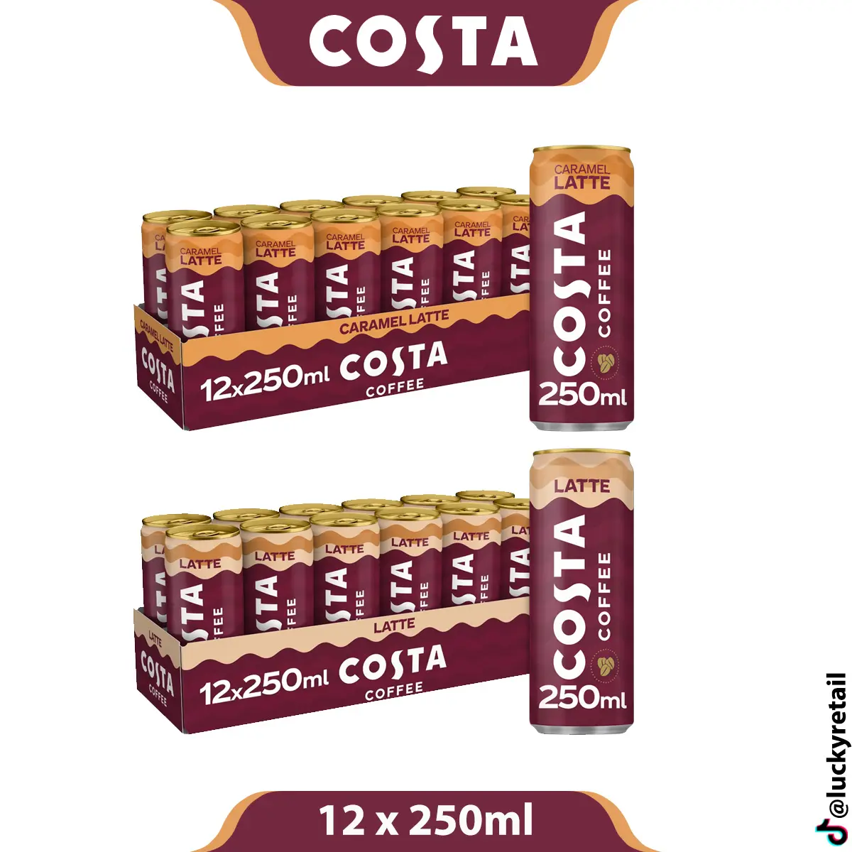 Costa Coffee Iced Drinks | Caramel Latte &  Latte Flavoured | 12 x 250ml Cans | Smooth & Creamy | Mocha Italian Blend Coffee Beans, Milk |  Ready to Drink Ice Beverage