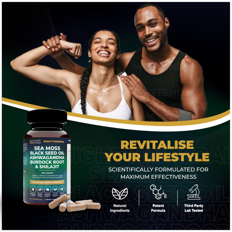 MightyMineral - Shilajit 4000MG, Sea Moss 8000MG, Ashwagandha 2000MG, Black Seed 3000MG, Burdock Root 2000MG | 5 IN 1 | ALL-IN-ONE | Optimum Healthcare Edible Dietary Natural Wellness & Fitness Supplement Highly Potent Capsules- Vegan 1