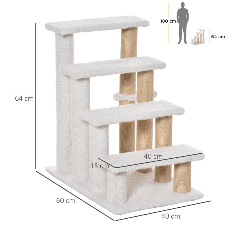 PawHut Pet Stair with 4-step Climb Ladder, Scratching Posts, Platforms, Toy Ball, for Indoor Elderly Cats Kittens, White 2