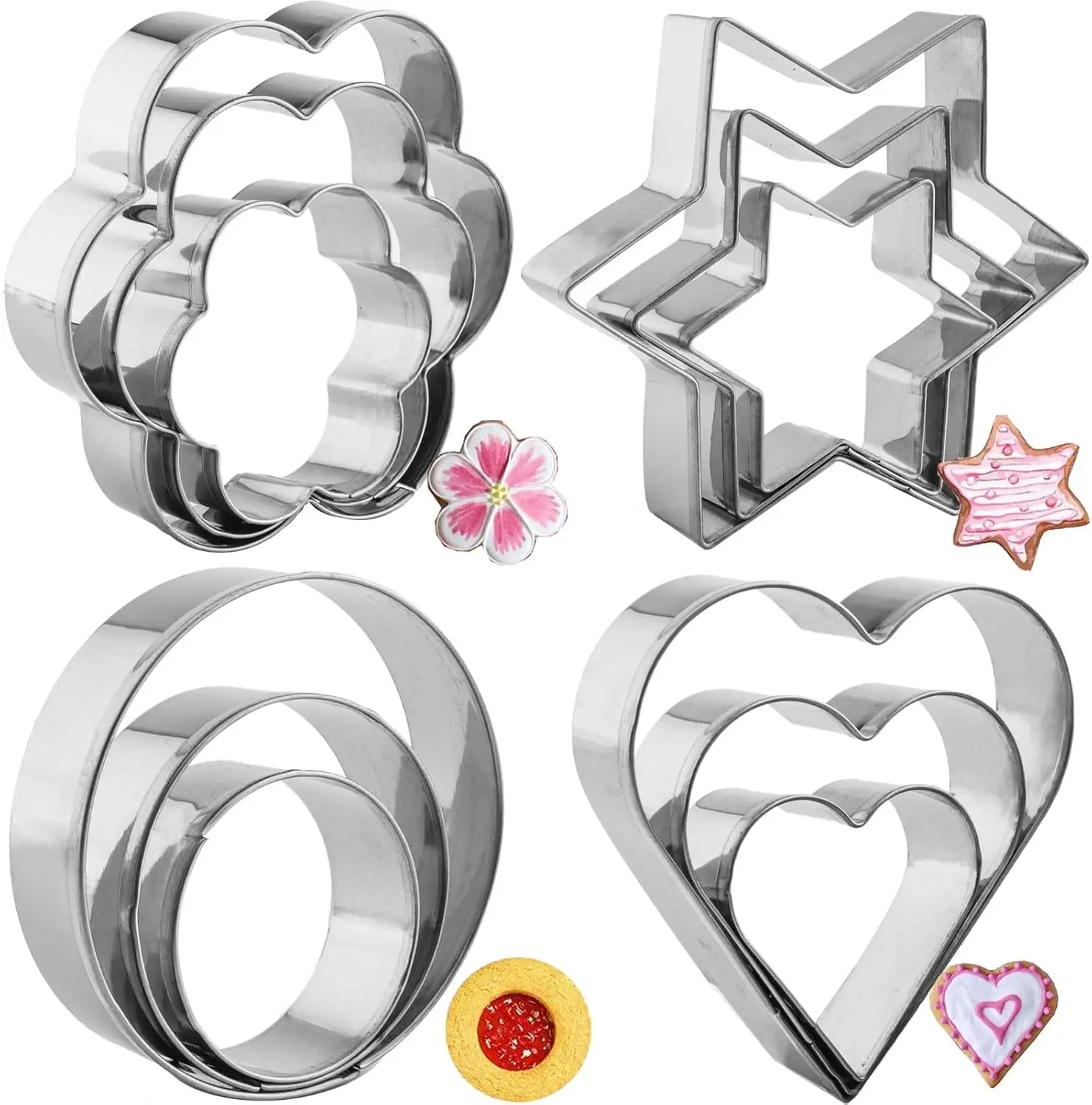 12 Pcs Cookie Cutters Shapes Baking Set, Heart Flower Round Star Shape Biscuit Stainless Steel Metal Molds Cutters for Kitchen Baking Birthday Christmas Valentine's Day Small Cookie Cutters
