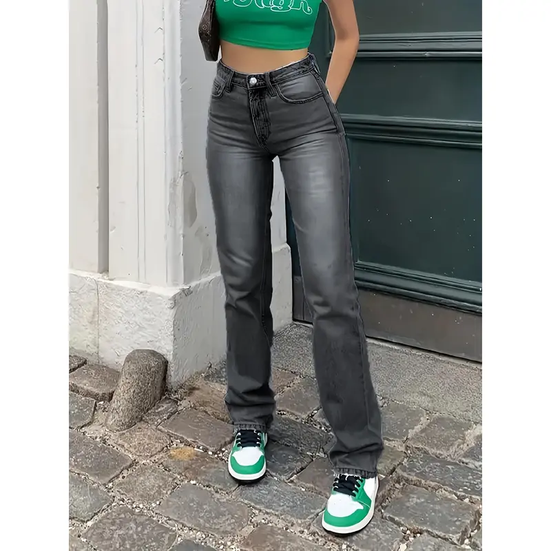 High Waist Light Washed Straight Jeans, Slash Pocket Casual Loose Fit Denim Pants, Women's Denim Jeans & Clothing 1
