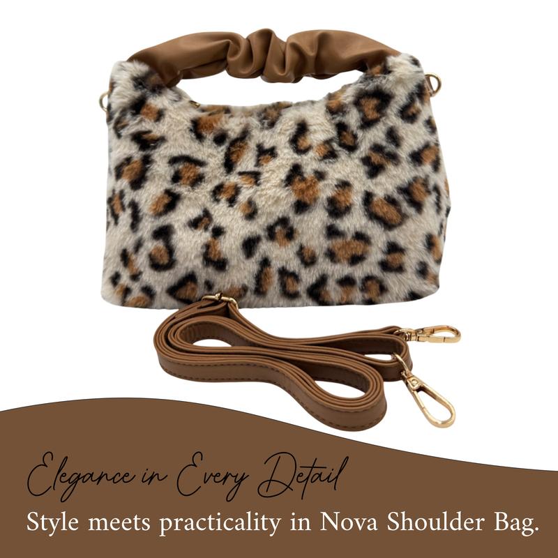 Belle Ella Leopard print Fur- Beige Box Bag, Women's Handle Bags with Shoulder Strap, Ladies Handbags with Metallic Button, Tweed Ladies Bag, Handbags for Women 1