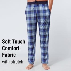 Soft Touch Lounge Pants Menswear Breathable Trouser Stretch Man Pockets Polyester Fabric Day Ribbed Stretchy Casual Checked Plaid Pyjama PJs Loungewear Pockrts Elasticated Waist Cuffed Pajamas Nightwear Homewear Blue