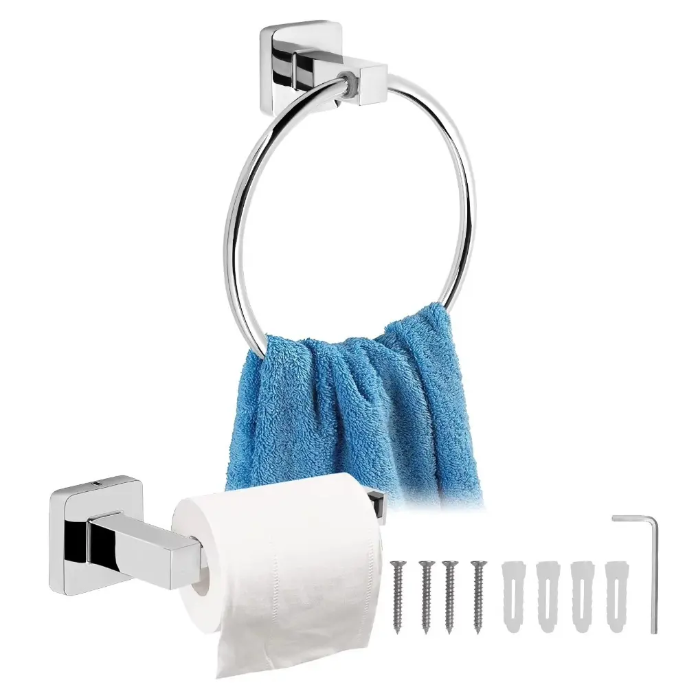 Stainless Steel Toilet Roll Holder and Towel Ring Set Bathroom Wall Mounted