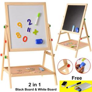 KIDS WOODEN 2 IN 1 BLACKBOARD & WHITEBOARD CHILDRENS EASEL CHALK DRAWING BOARD