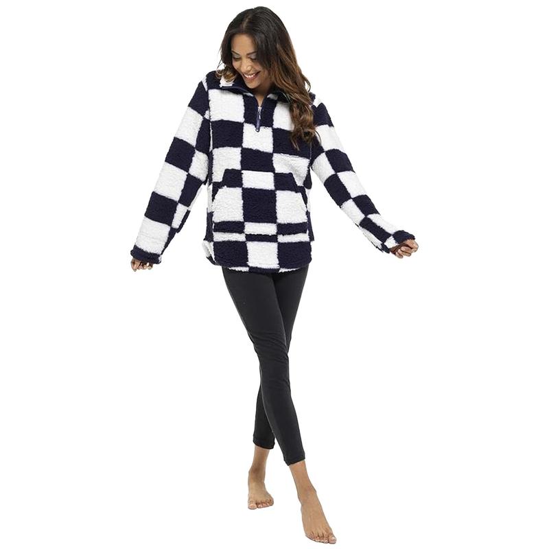 Women's Half-Zip Sherpa Fleece Jumper - Soft & Plush Casual Lounge Sweater, Check Design - Sizes 8-22 5