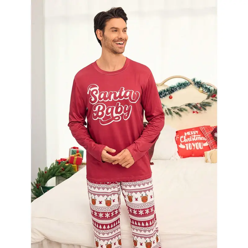 2pcs Men's Burgundy Simple Christmas Element All Over Print Long Sleeve Pajama Set, Comfortable Loungewear Menswear Nightwear Pants Stretch 4
