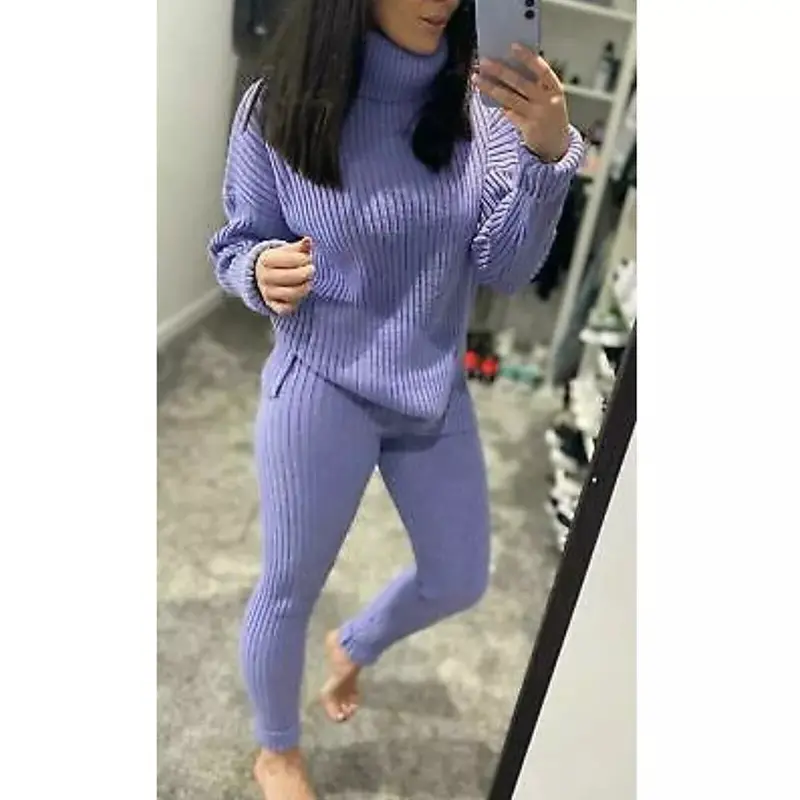 Ladies Chunky Knitted Loungewear Ladies Polo High Neck Top Leggings Suit Womenswear Overalls Underwear Lady Women Comfort Basic Long Sleeve Minimalist Chic Comfortable 6