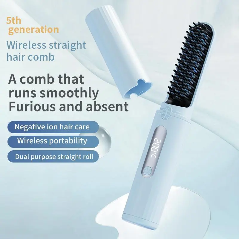【wavy chic】New rechargeable wireless hair straightening comb for curly hair, portable mini straightening plate, negative ion non-harming power generation comb hair straightener Comfort 0