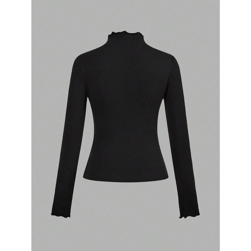 EZwear 2pcs/Set Casual Mock Neck Form-Fitting Solid Black And White Long Sleeve Base Layer Tops, Warm For Autumn/Winter 7