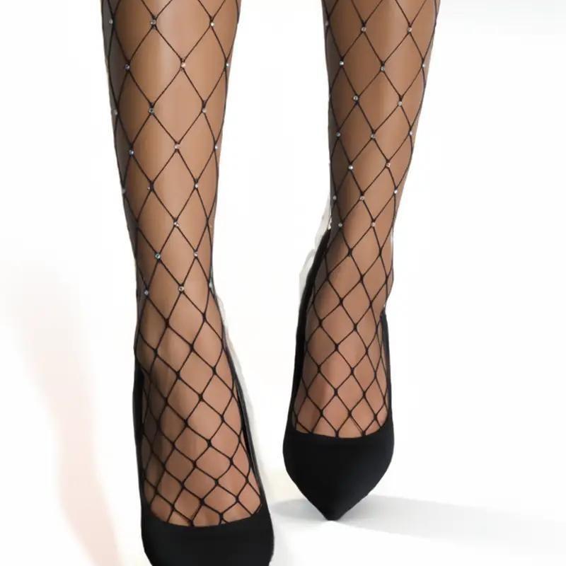 Black Big Fishnet Sparkly Diamante Embellished Rhinestone Crystal Glitter Diamond Tights Sexy Party Outfit Underwear Womenswear Fabric Comfortable Everyday Stretchy Lady Comfort Basic Minimalist lovely dress heels  stocking Bottoms Leggings 3