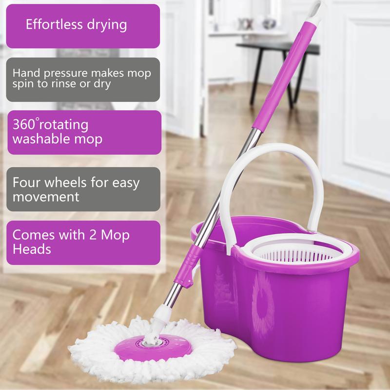 Crystals 360° Spin Mop Bucket Set with 2 Microfiber Heads - Red/Blue/Purple - Stainless, Cleaning 7
