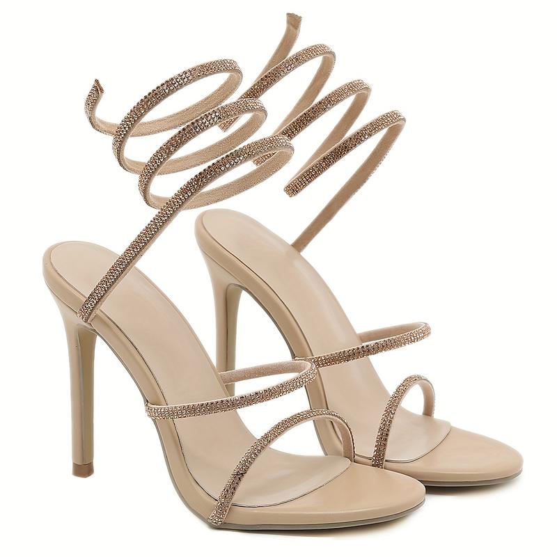 Women's Rhinestone Decor Sandals, Slip On Open Toe Stiletto Heel Ankle Strap Slides Shoes, Glitter Dress & Party Shoes 7