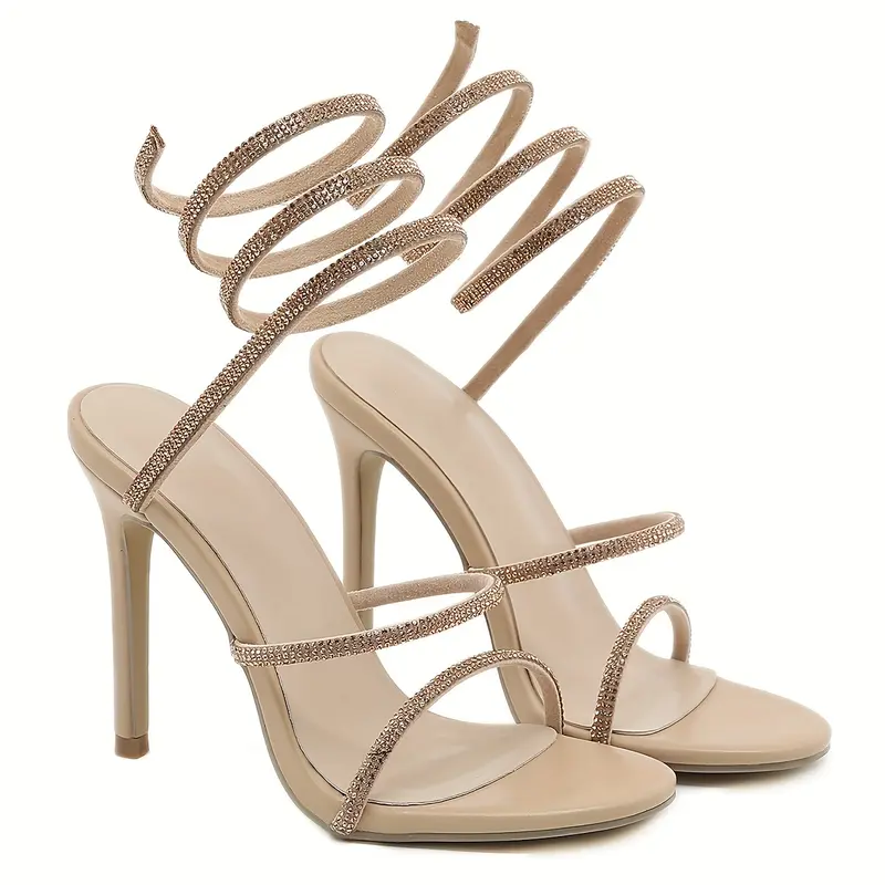 Women's Rhinestone Decor Sandals, Slip On Open Toe Stiletto Heel Ankle Strap Slides Shoes, Glitter Dress & Party Shoes 7