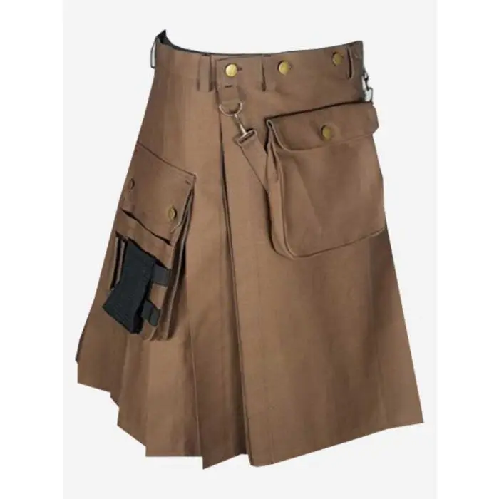 Brown Deluxe Menswear 3 Cargo Pocket Scottish Traditional Utility Plain Kilt for Sale