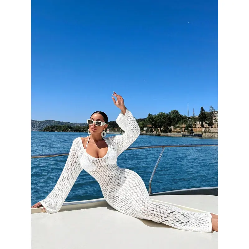 Women's Solid Color Long Knit Sheer Cover Up Dress For Daily Wear, Summer Beach Vacation Casual Fit Party Minimalist Womenswear Sleeve Comfort Fabric Basic Festival 4