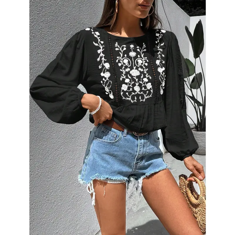 ​Women's TopsWomen's Flower Embroidery Long Sleeve Shirti Crinckle Fabric, Boho Style, Slice Lace Detailed【S12】 Top Womenswear Blouse Comfort Black Casual Crewneck Floral Bohemian Fitted cold  shoulder  tops shirts  women 4