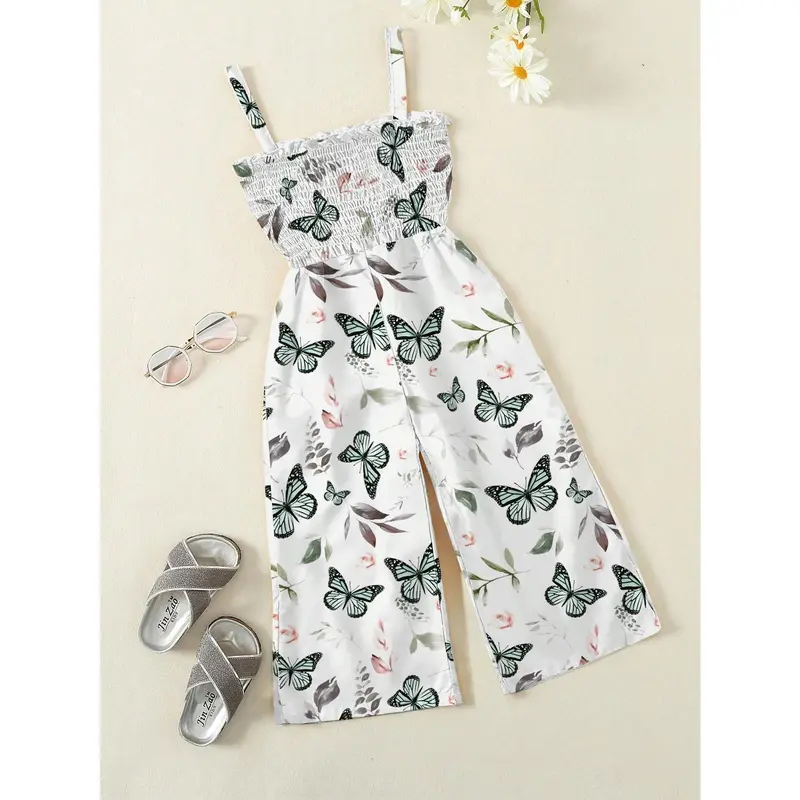 Young Girl Summer New Butterfly Printed Shirred Detail Strap Jumpsuit 1