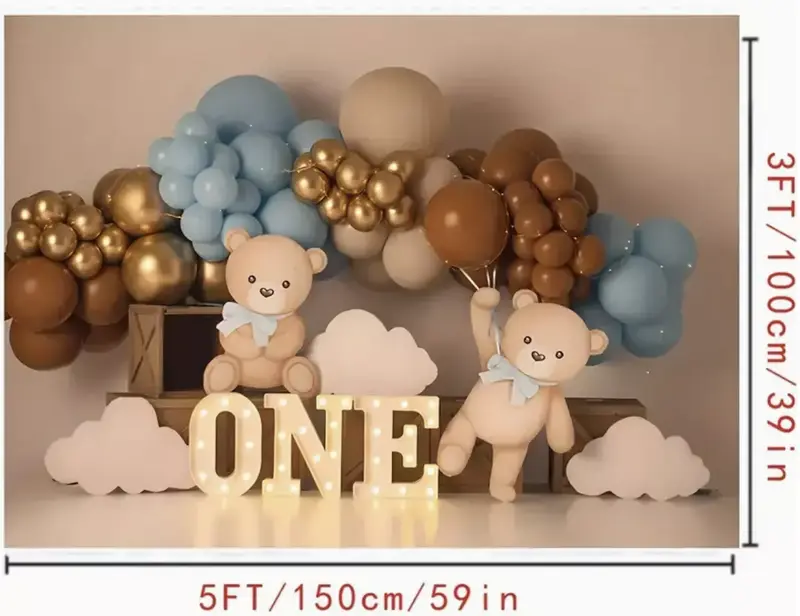Cute Teddy and Balloons Birthday Backdrop 1